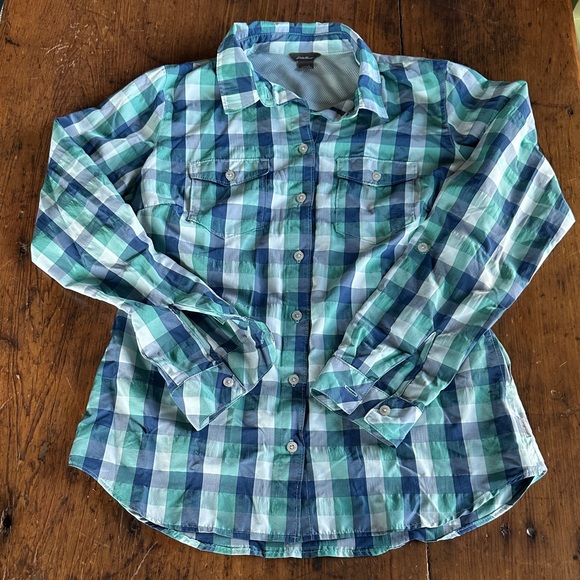 Eddie Bauer Tops - Eddie Bauer Women's Blue and Green Plaid Button-Down Shirt